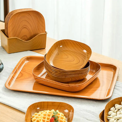 Kitchen Imitation Wood Grain Square Plate Japanese Simple Grain Dish Set For Tableware Kitchen Bowl Dish Dinnerware Cook Supplie